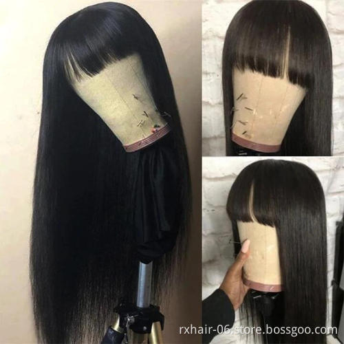 Full Machine Made Short Human Hair Wigs With Bangs, Brazilian Long Straight Human Hair Glueless Wig With Front Fringe Bangs